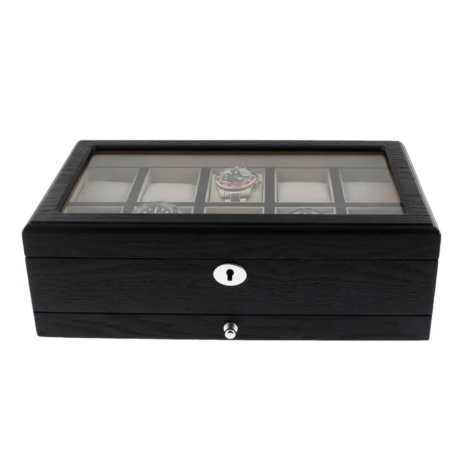 10 Watch Box Black Oak Veneer with Extra Storage Drawer Premium Quality