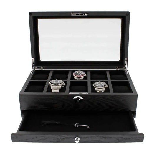 The Tempus Luxury Watch Winders 10 Watch Box in premium black oak veneer features a glass lid, displays up to 10 watches in individual slots, includes an extra storage drawer, and comes with a small front key.