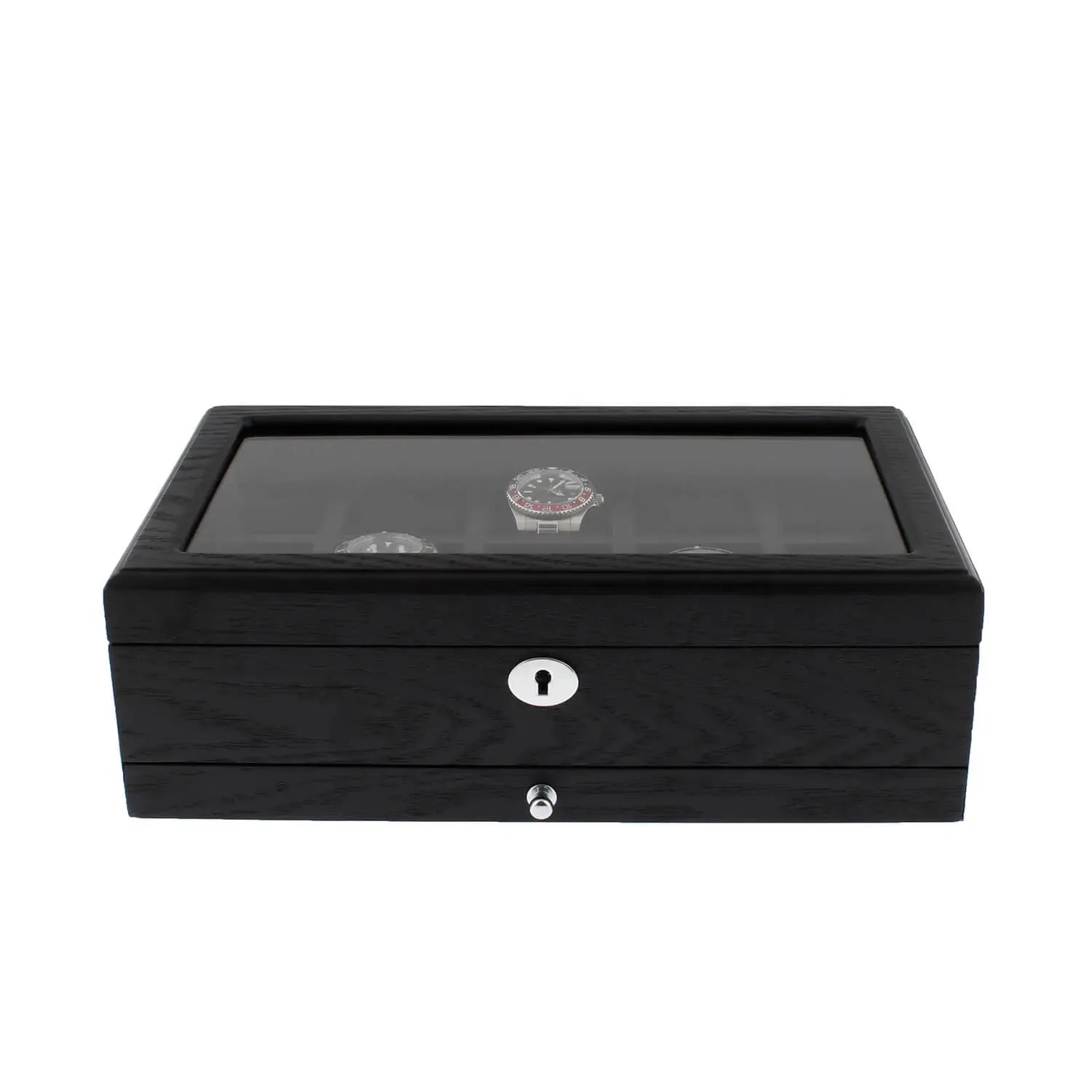 10 Watch Box Premium Black Oak Veneer with Extra Storage Drawer