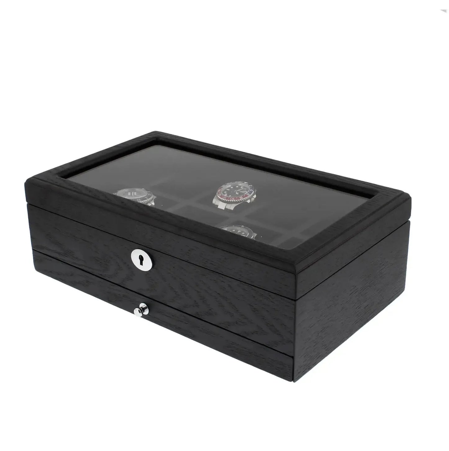 10 Watch Box Premium Black Oak Veneer with Extra Storage Drawer