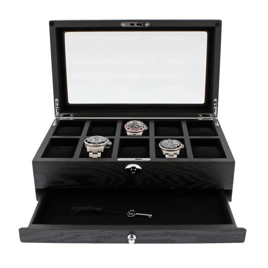 The Tempus Luxury Watch Winders 10 Watch Box in premium black oak veneer features a glass lid, displays up to 10 watches in individual slots, includes an extra storage drawer, and comes with a small front key.