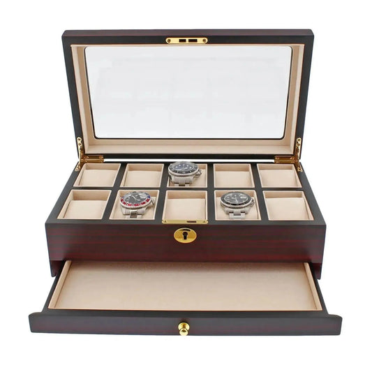 The Tempus Luxury Watch Winders 10 Watch Box features a premium cherry wood satin finish, glass lid, gold hinges and lock, cushioned slots for ten watches, and an open lower drawer for extra storage.