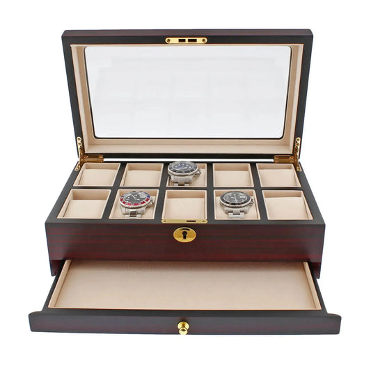 The Tempus Luxury Watch Winders 10 Watch Box features a premium cherry wood satin finish, glass lid, gold hinges and lock, cushioned slots for ten watches, and an open lower drawer for extra storage.