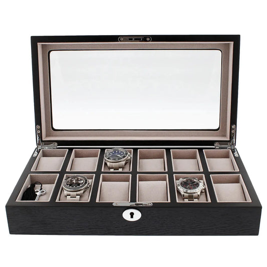 The Tempus Luxury Watch Winders 12 Watch Box Premium Black Oak Veneer features a glass lid, twelve cushioned compartments, and a key—perfect for storing luxury watches in style.