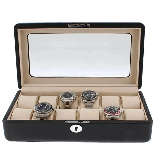 The Tempus Luxury Watch Winders 12 Watch Box in Carbon Fibre Printed Leather features premium quality, a beige interior with individual compartments, a front lock, and a large mirror inside the lid for luxury storage.
