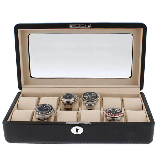 The Tempus Luxury Watch Winders 12 Watch Box in Carbon Fibre Printed Leather features premium quality, a beige interior with individual compartments, a front lock, and a large mirror inside the lid for luxury storage.