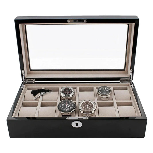 The Aevitas 12 Watch Box in Piano Black Gloss Finish features cushioned compartments and a grey luxury lining, showcasing up to twelve wristwatches in style.