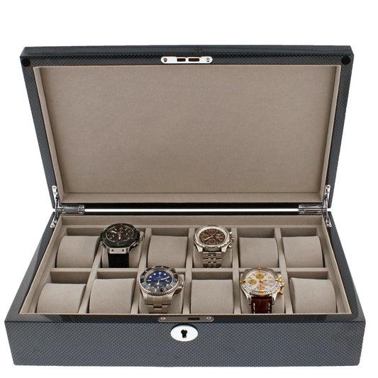 The Aevitas 12 Watch Box with Curved Solid Lid in Carbon Fibre Finish displays four unique watches in the front row, while the back row compartments of this elegant storage box remain empty.
