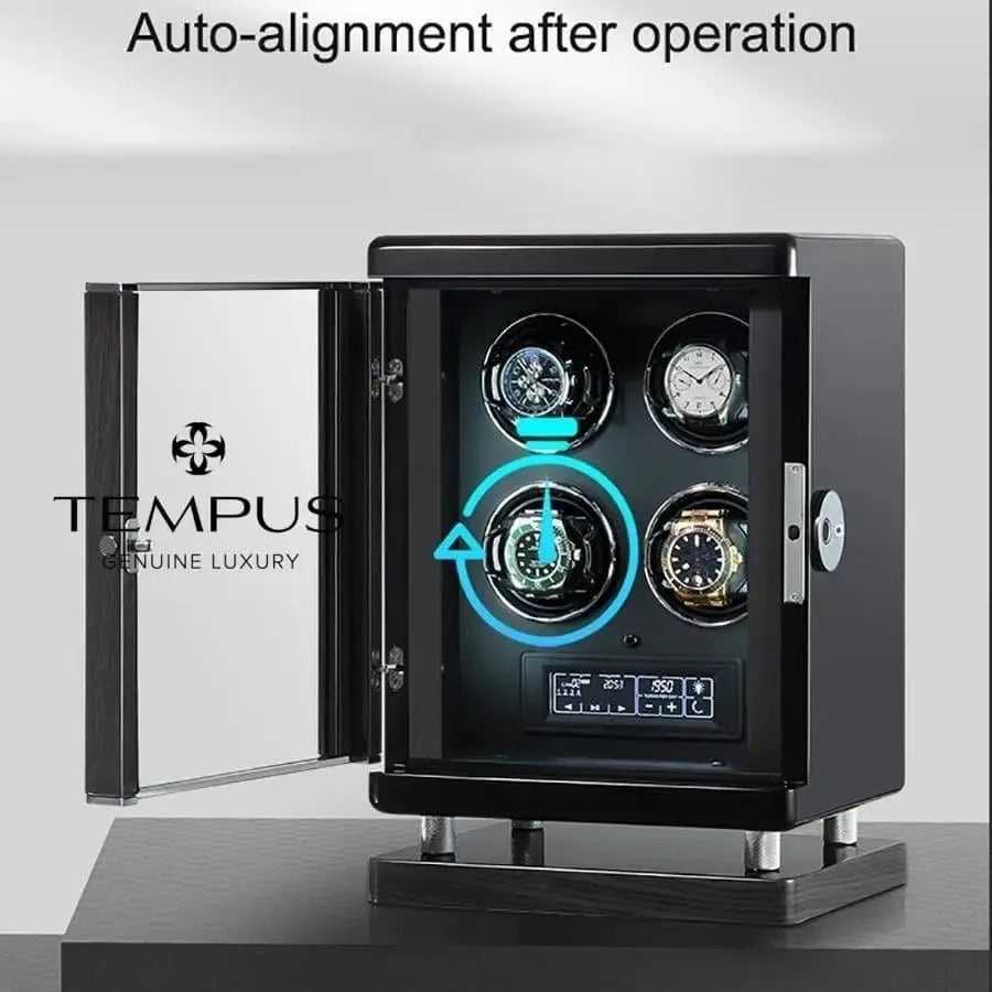 The Tempus Luxury Watch Winders 2 Watch Winder for Automatic Watches for Men showcases six watches inside its open safe, featuring a digital control panel, biometric lock, blue alignment graphic, and "Auto-alignment after operation" text above.