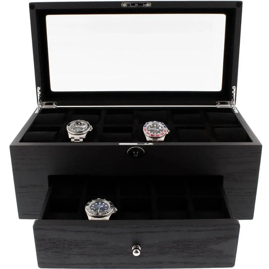 The 22 Watch Box Premium Quality Black Oak Veneer with Drawer by Tempus Luxury displays three watches on top and one in the pull-out drawer, with several empty compartments for luxury watch storage. Brand: Tempus Luxury Watch Winders.