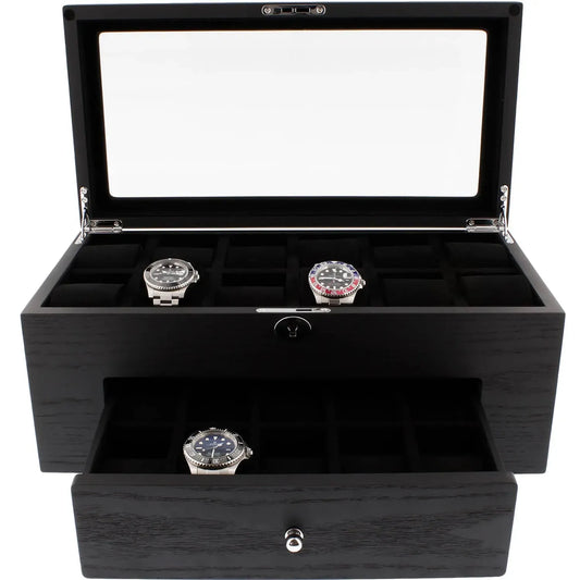 The 22 Watch Box Premium Quality Black Oak Veneer with Drawer by Tempus Luxury displays three watches on top and one in the pull-out drawer, with several empty compartments for luxury watch storage. Brand: Tempus Luxury Watch Winders.