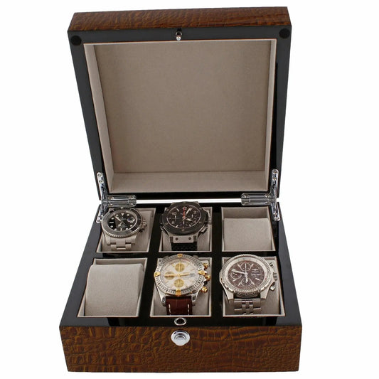 The Tempus Luxury Watch Winders 6 Watch Box features a brown high gloss lacquered crocodile print finish with a textured exterior and soft beige lining, displaying four luxury watches in individual slots with two empty compartments.
