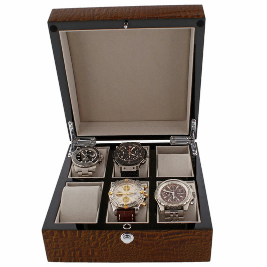 The Tempus Luxury Watch Winders 6 Watch Box features a brown high gloss lacquered crocodile print finish with a textured exterior and soft beige lining, displaying four luxury watches in individual slots with two empty compartments.