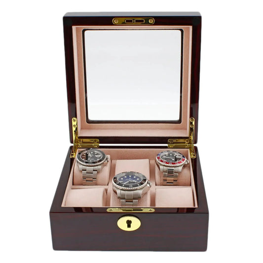 The Tempus 6 Watch Box in premium cherry wood piano gloss finish features a glass lid and luxury lining, displaying up to six wristwatches in individual cushioned slots for elegant storage.