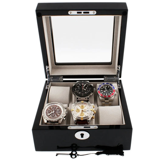 The Tempus Luxury Watch Winders 6 Watch Box features a premium piano black gloss finish and grey luxury lining, elegantly displaying up to six watches. A key and black tassel complete this sophisticated watch storage solution.
