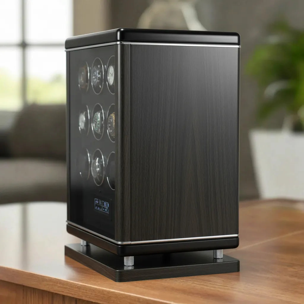 The 9 Watch Winder for Automatic Watches with BioMetric Technology by Tempus Luxury Watch Winders, featuring a dark wood and glass premium finish, displays multiple watches on a wooden table with a softly blurred room, plant, and window in the background.
