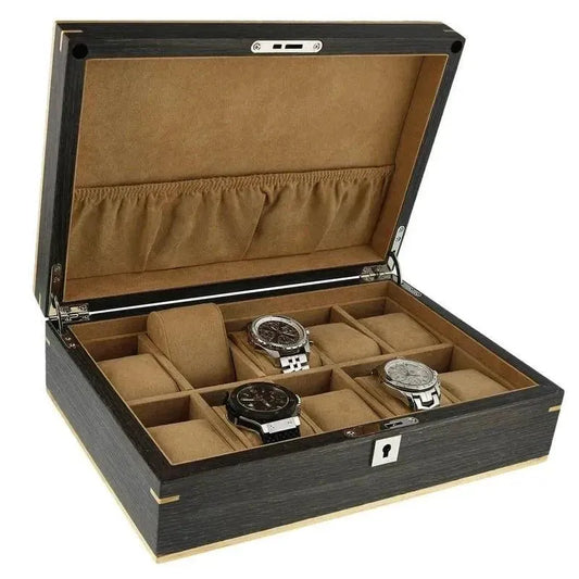 The Aevitas Dark Walnut Wood Natural Finish Watch Box features a beige interior, displaying compartments for 10 watches—perfect to showcase three wristwatches and leave cushioned slots ready for your expanding collection.
