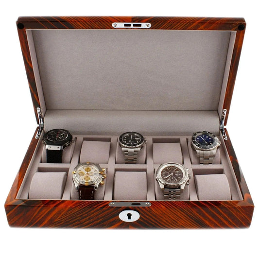 The Aevitas Premium Quality Tiger Striped Wood 10 Watch Box features a solid lid and beige fabric lining, securely displaying up to ten wristwatches on individual cushioned slots.