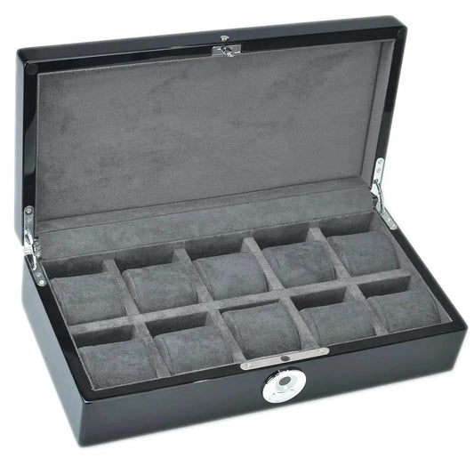 The Tempus 10 Watch Box by Tempus Luxury Watch Winders features a black piano finish, biometric lock, hinged lid, and soft gray interior with twelve compartments and matching cushions for secure watch storage.