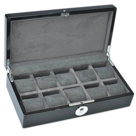 The Tempus 10 Watch Box by Tempus Luxury Watch Winders features a black piano finish, biometric lock, hinged lid, and soft gray interior with twelve compartments and matching cushions for secure watch storage.