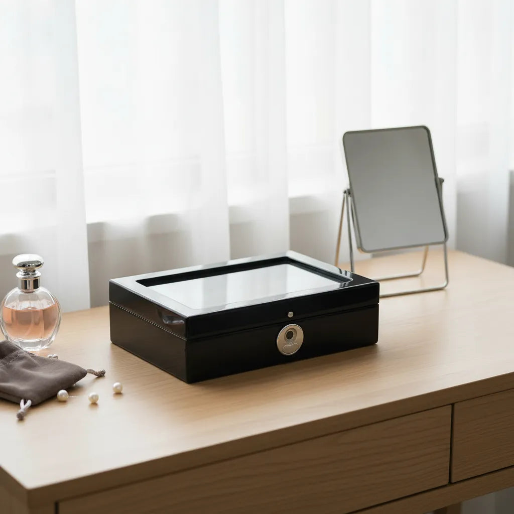 Tempus 8 Watch Box in Black Piano Finish with Bio Metric Lock Glass Lid