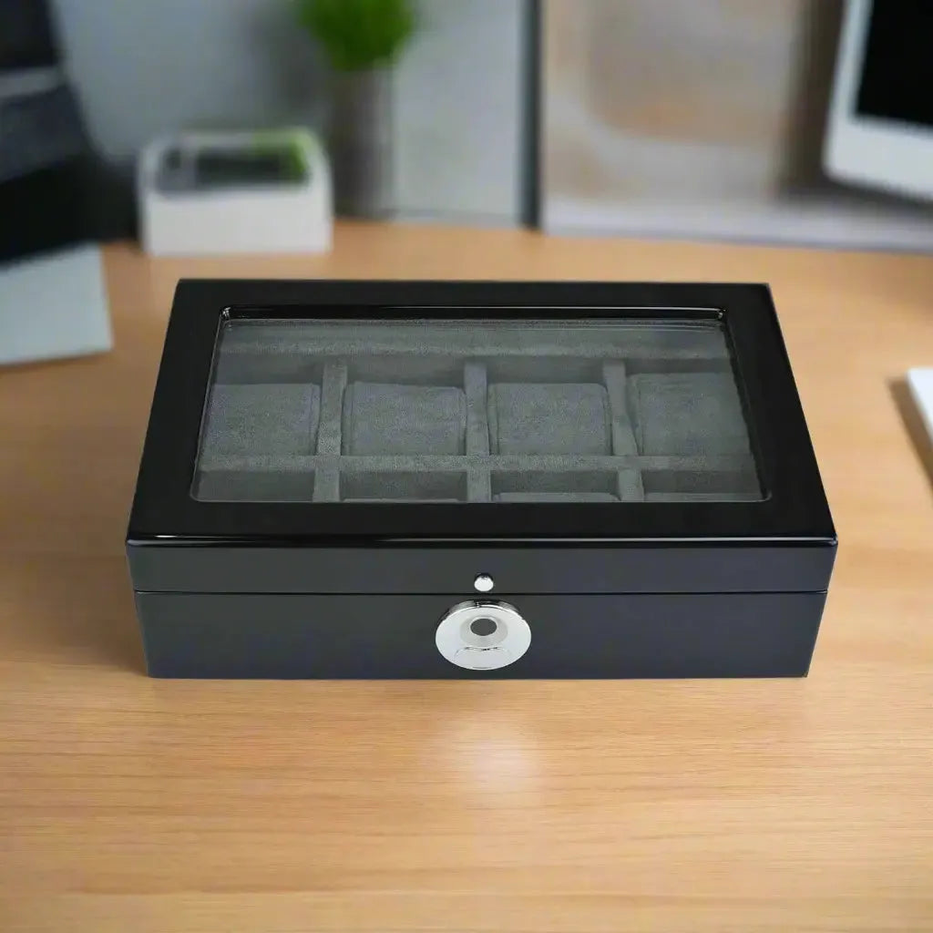 Tempus 8 Watch Box in Black Piano Finish with Bio Metric Lock Glass Lid