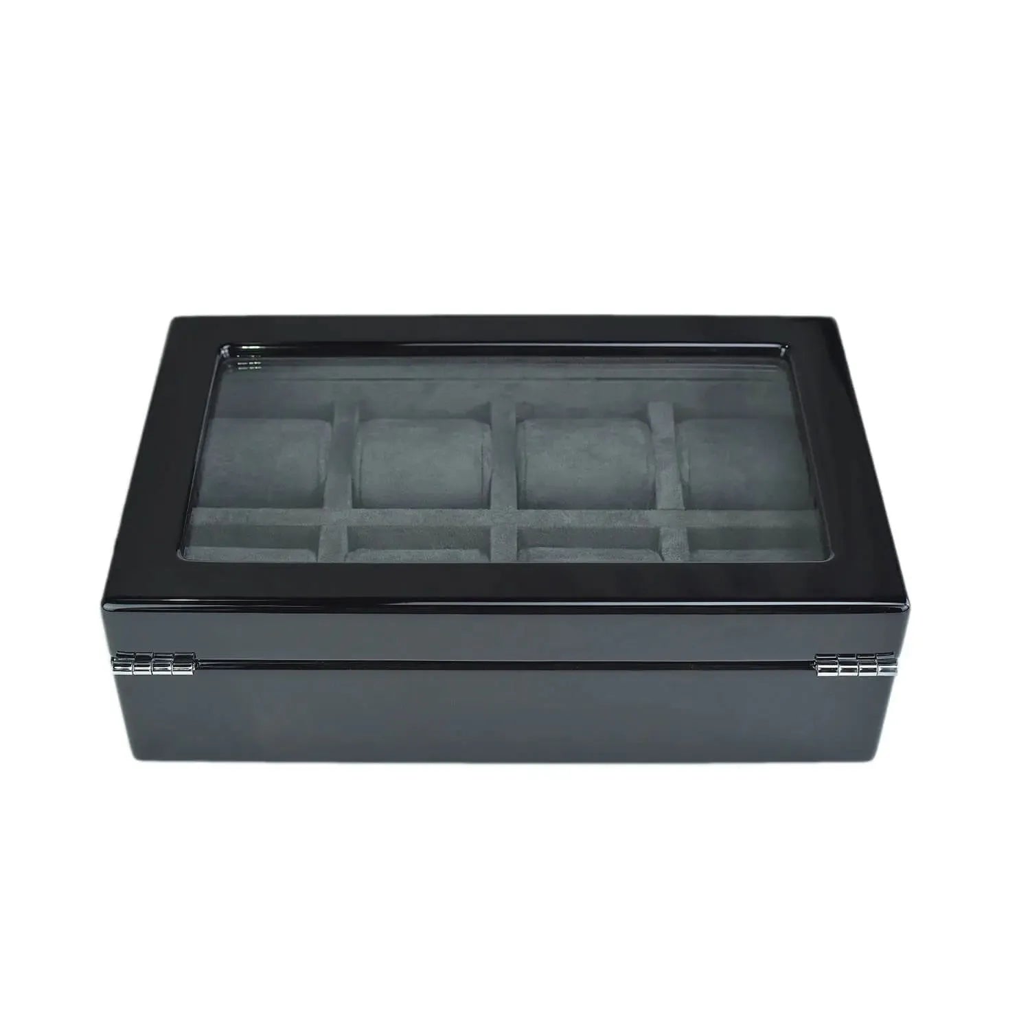 Tempus 8 Watch Box in Black Piano Finish with Bio Metric Lock Glass Lid