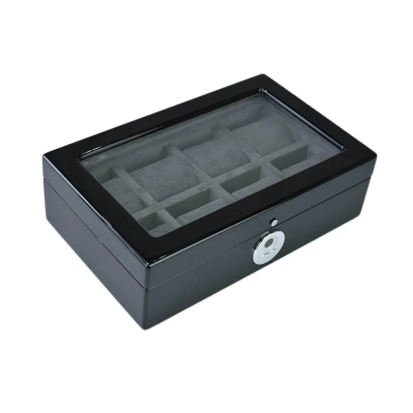 Tempus 8 Watch Box in Black Piano Finish with Bio Metric Lock Glass Lid