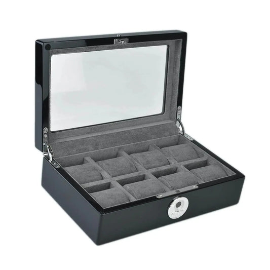The Tempus 8 Watch Box by Tempus Luxury Watch Winders features a sleek black piano finish, a glass lid, grey interior with eight velvet-cushioned compartments, and a secure biometric lock for peace of mind.