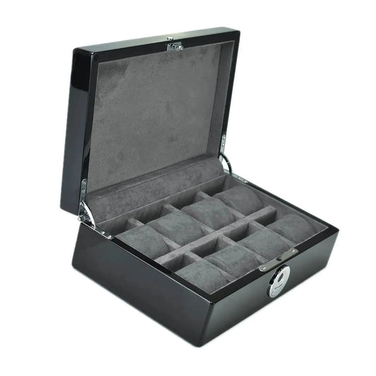 The Tempus 8 Watch Box by Tempus Luxury Watch Winders features a black piano finish, biometric lock, hinged lid, gray velvet interior, and compartments for eight watches—open to show empty slots for luxury watch storage.