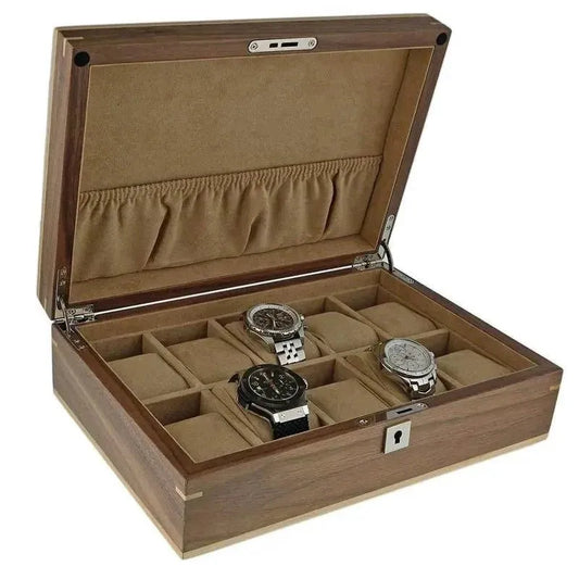 The Aevitas Watch Box Light Walnut Wood Natural Finish holds 10 watches in separate compartments, features a soft beige interior, an elastic lid pocket, and a metal latch. Shown open with three watches inside.