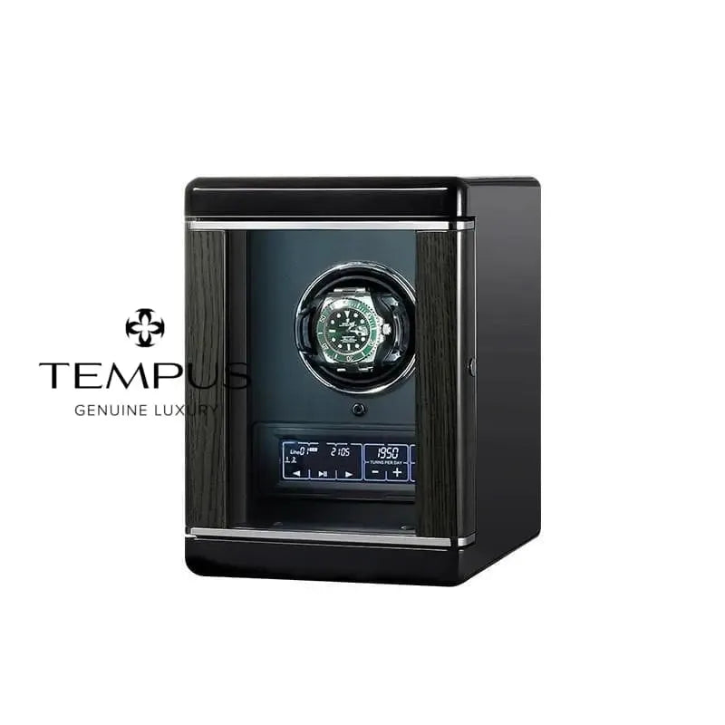 Black watch winder with glass window and watch inside.