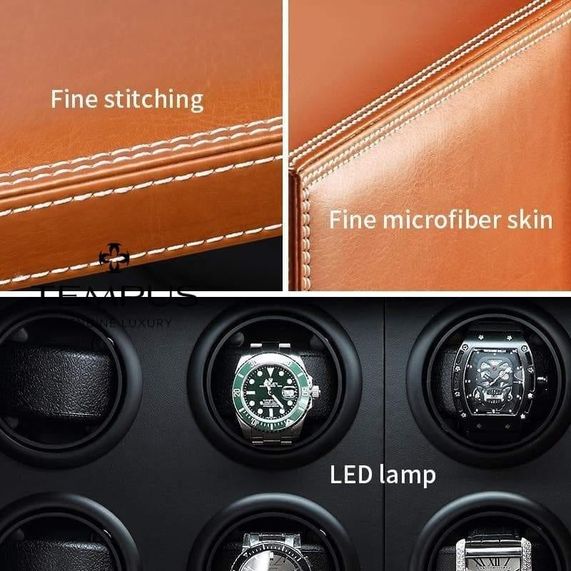 Tempus 8 Watch Winder Safe in Premium Brown Leather Contrast Stitching