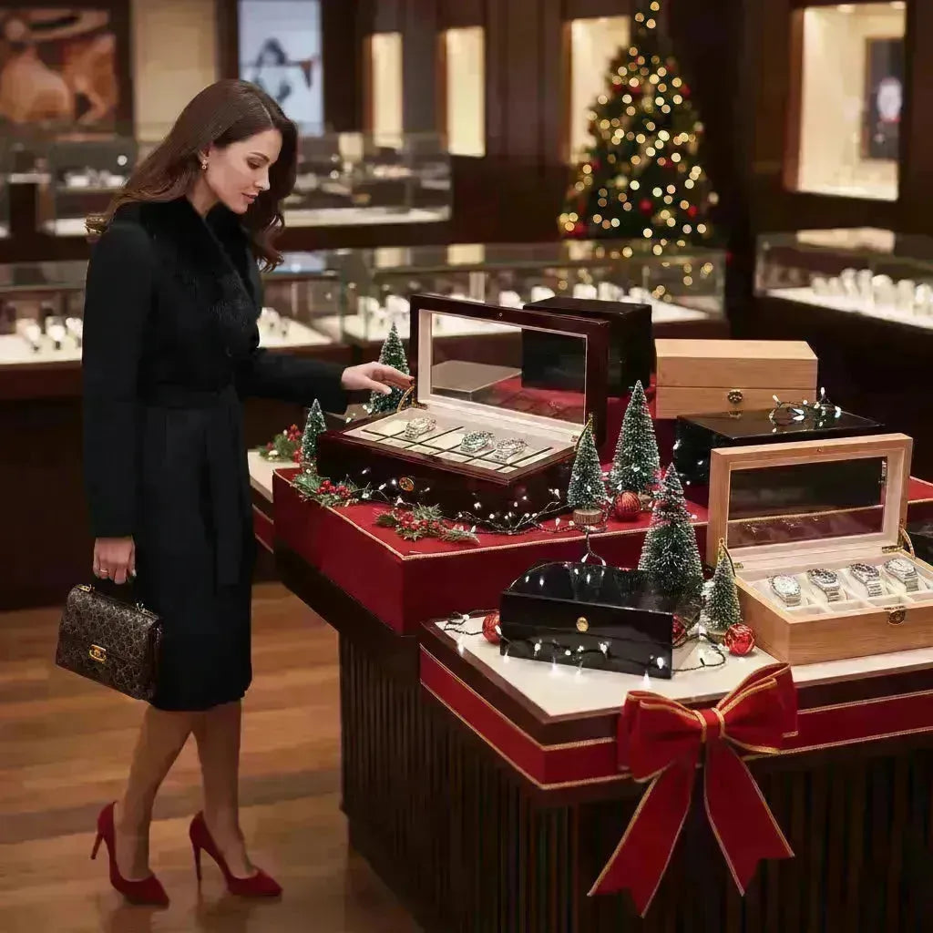 Woman in black coat examining luxurious wooden watch storage boxes, decorated for Christmas.