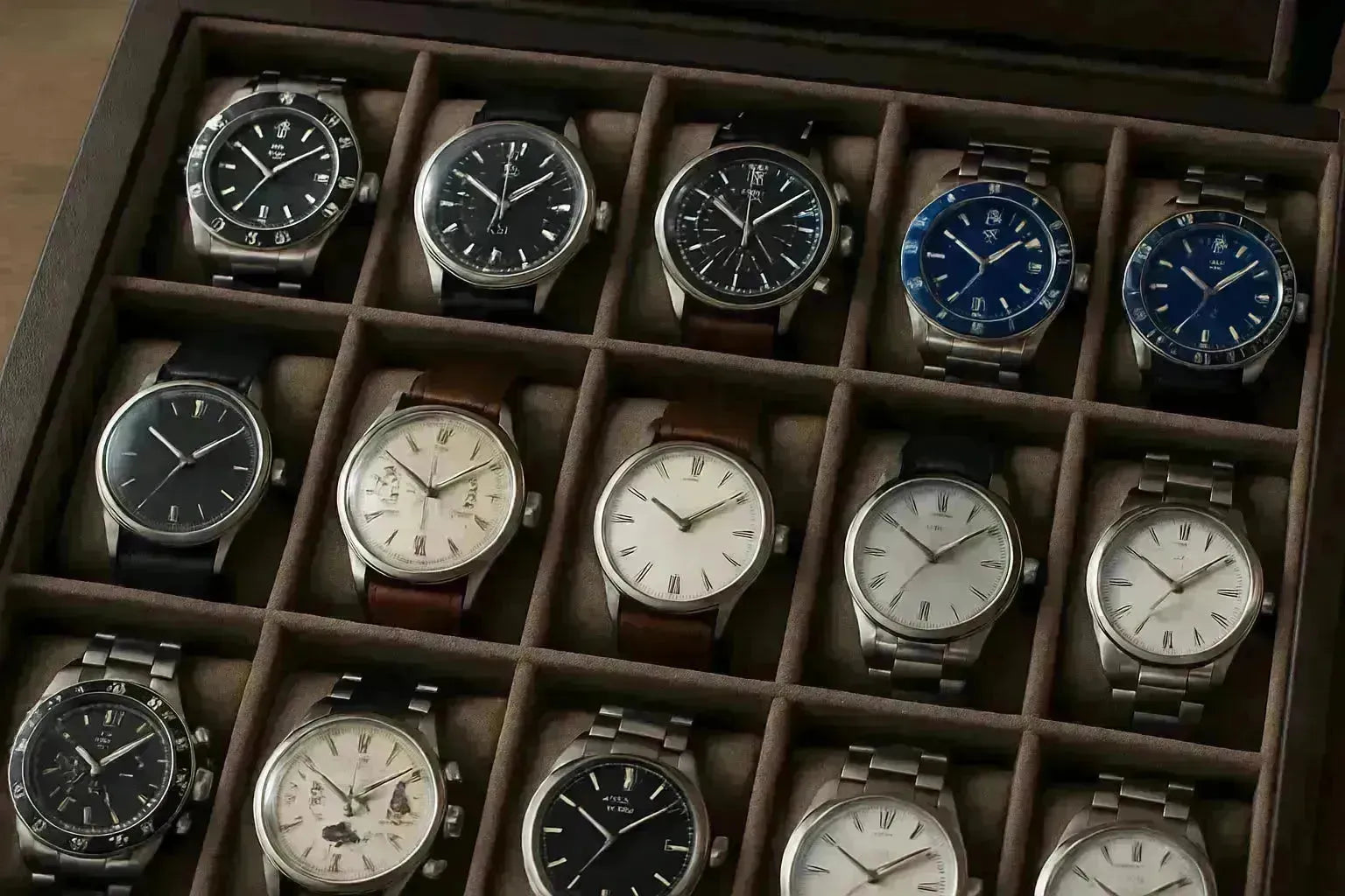 A dozen diverse men's watches with leather and metal bands displayed in a brown compartmentalized watch box.