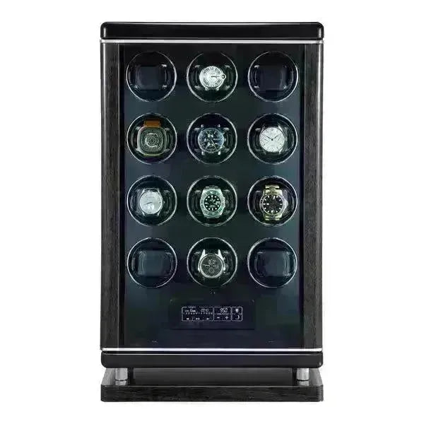 Black wooden 12-watch winder cabinet with glass door, interior lighting, and digital biometric control panel.
