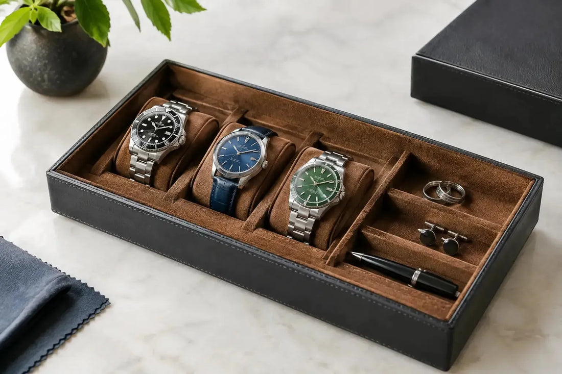 Black leather watch valet tray with brown suede interior holding three luxury watches, cufflinks, and a pen.