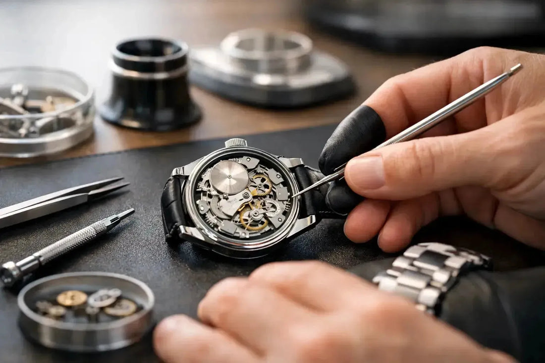 Watchmaker using a precision tool to repair the intricate mechanical movement of an automatic watch on a workbench.
