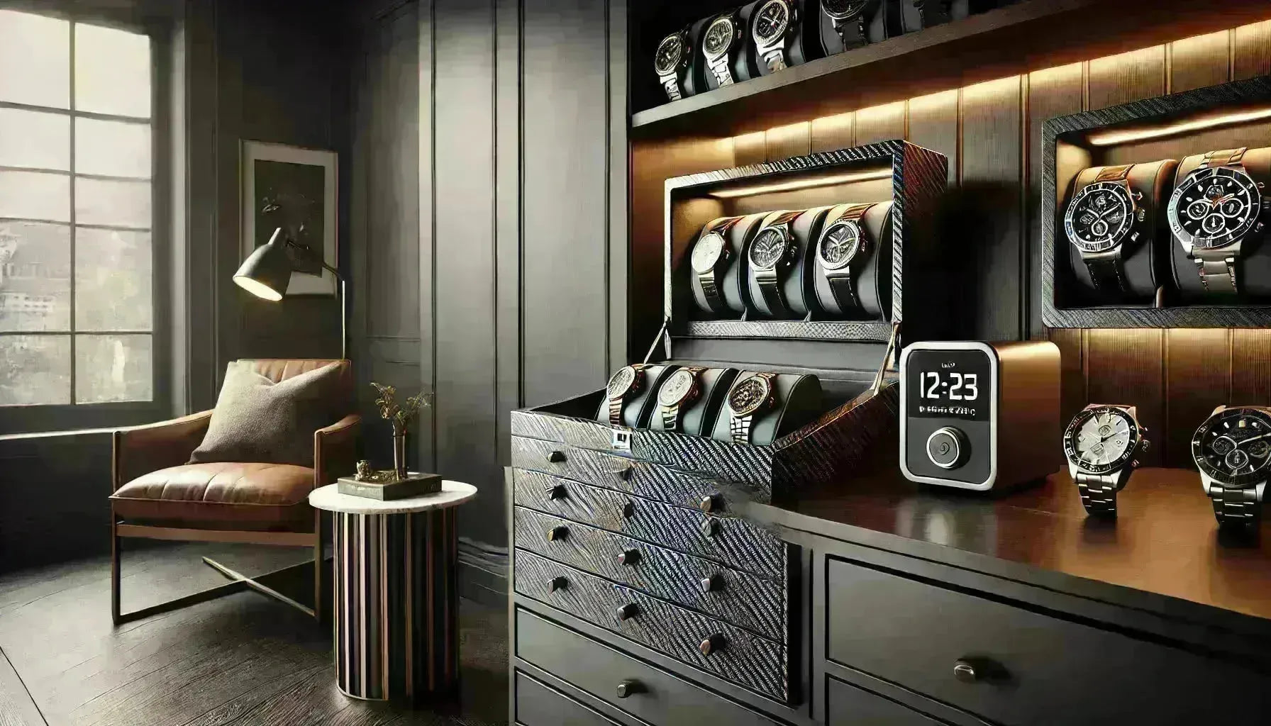 Luxury carbon fiber watch box and display case on a dark wooden dresser in a sophisticated home office.