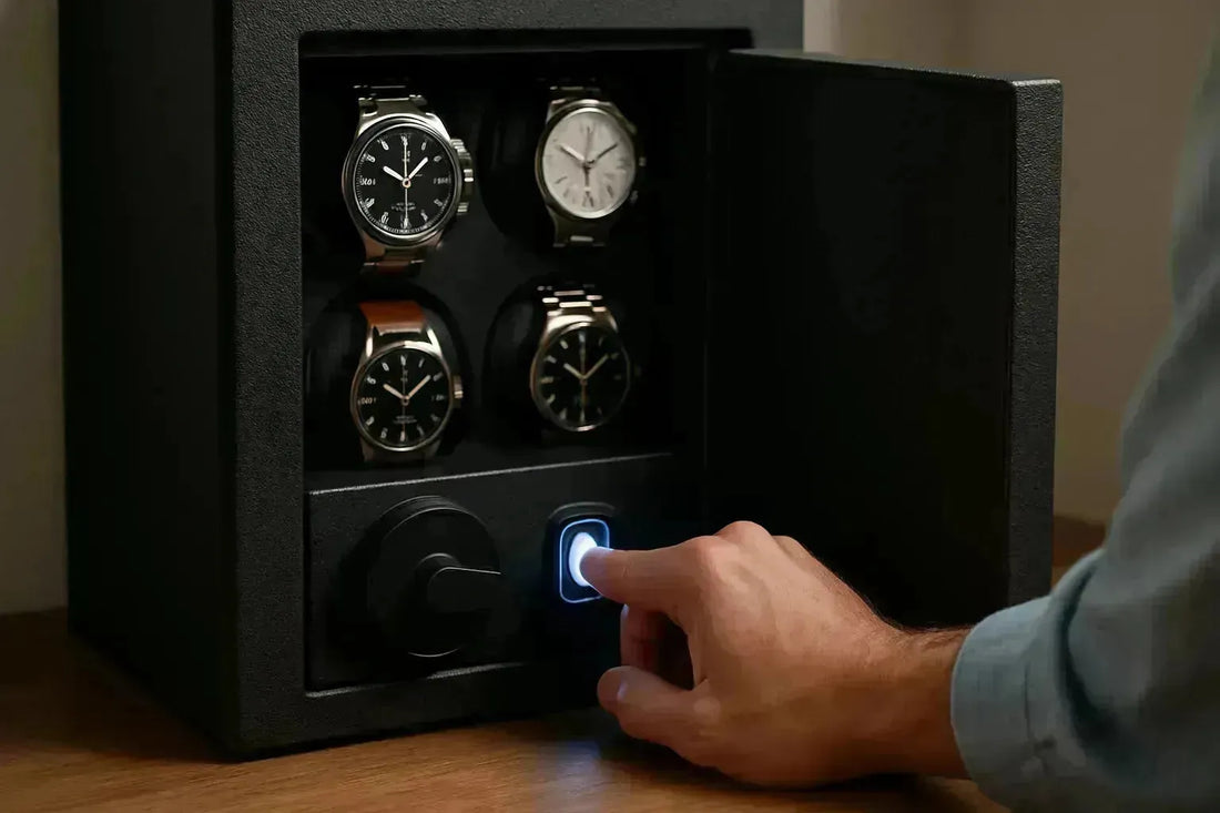 Hand pressing a glowing biometric fingerprint scanner on a black watch safe with four luxury watches.