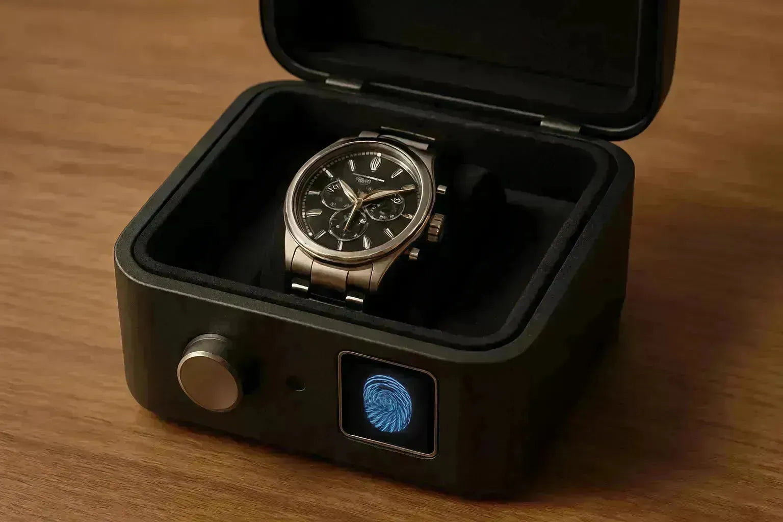 A sleek black biometric watch storage box with a silver watch inside and a glowing blue fingerprint scanner.