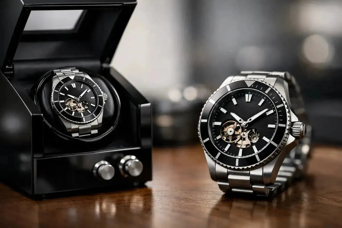 Luxury automatic watch with an open-heart dial resting beside a sleek, black rotating watch winder on a wooden surface.