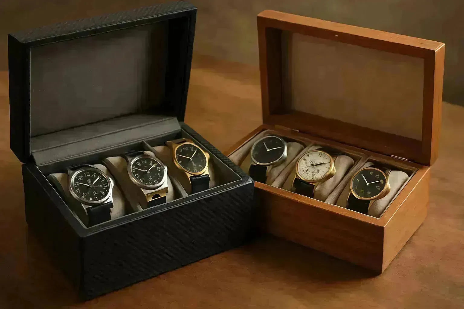 Two open watch boxes: a modern black carbon fibre box and a traditional wooden box, each holding four watches.