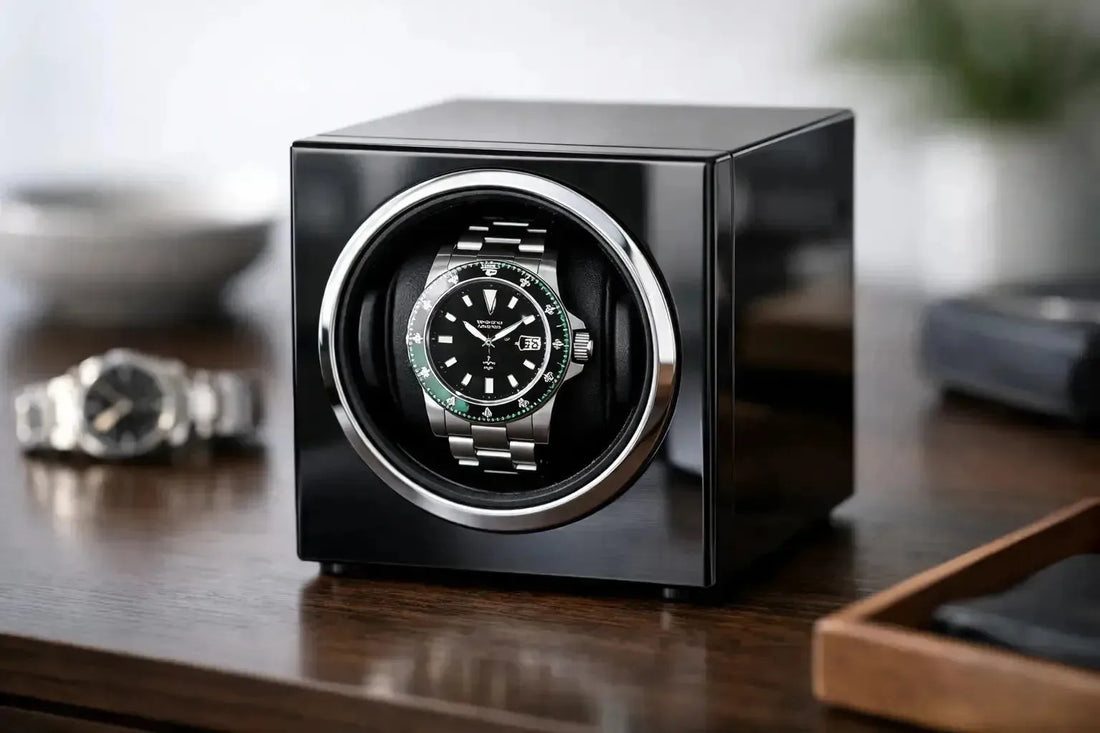 A sleek, black single watch winder displaying a stainless steel Rolex watch on a wooden desk.