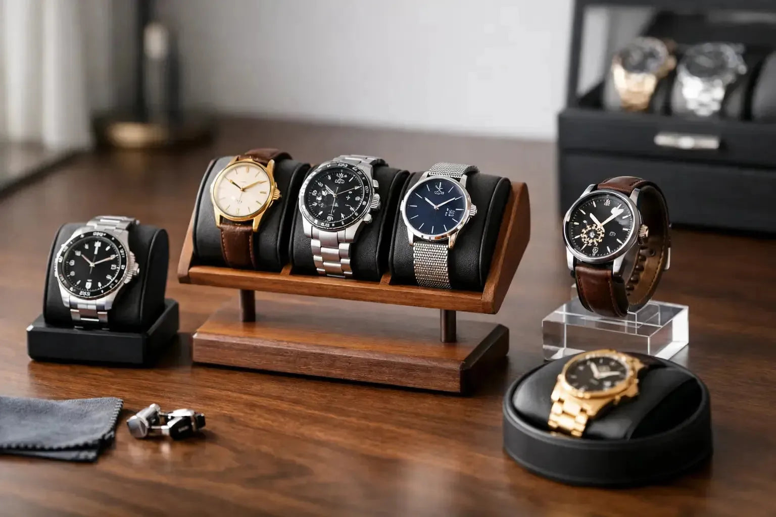 Wooden watch display stand holding three luxury wristwatches on a desk with additional timepieces and accessories.