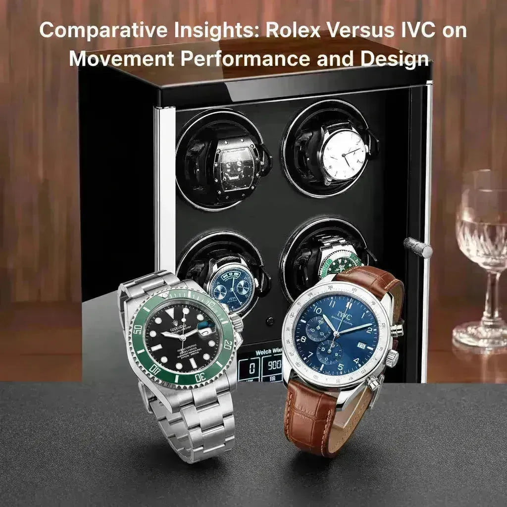 Rolex Submariner and IWC Portugieser watches with a watch winder in the background.
