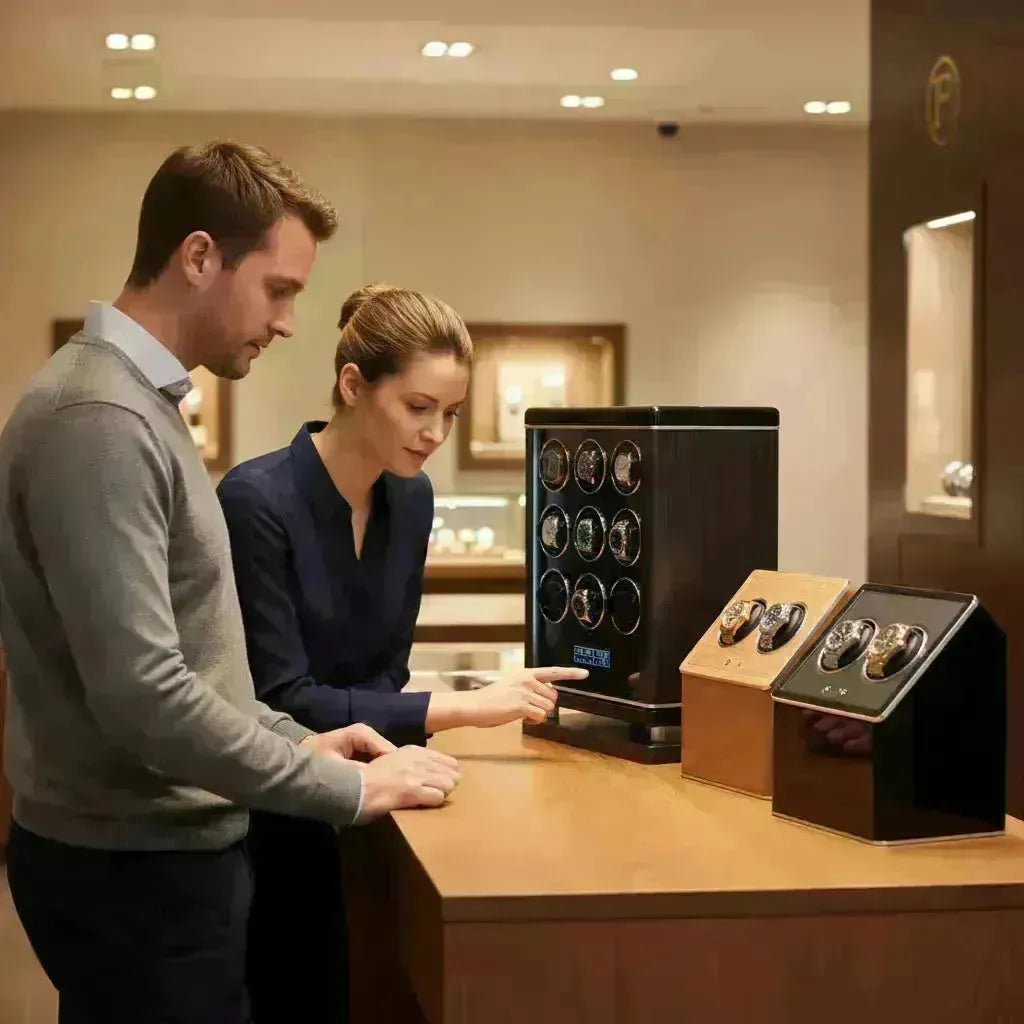 Couple examining a multi-watch winder and two single watch rotators in a luxury store.