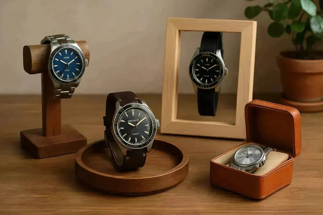 Four watches displayed on various wooden stands and an open leather travel case.