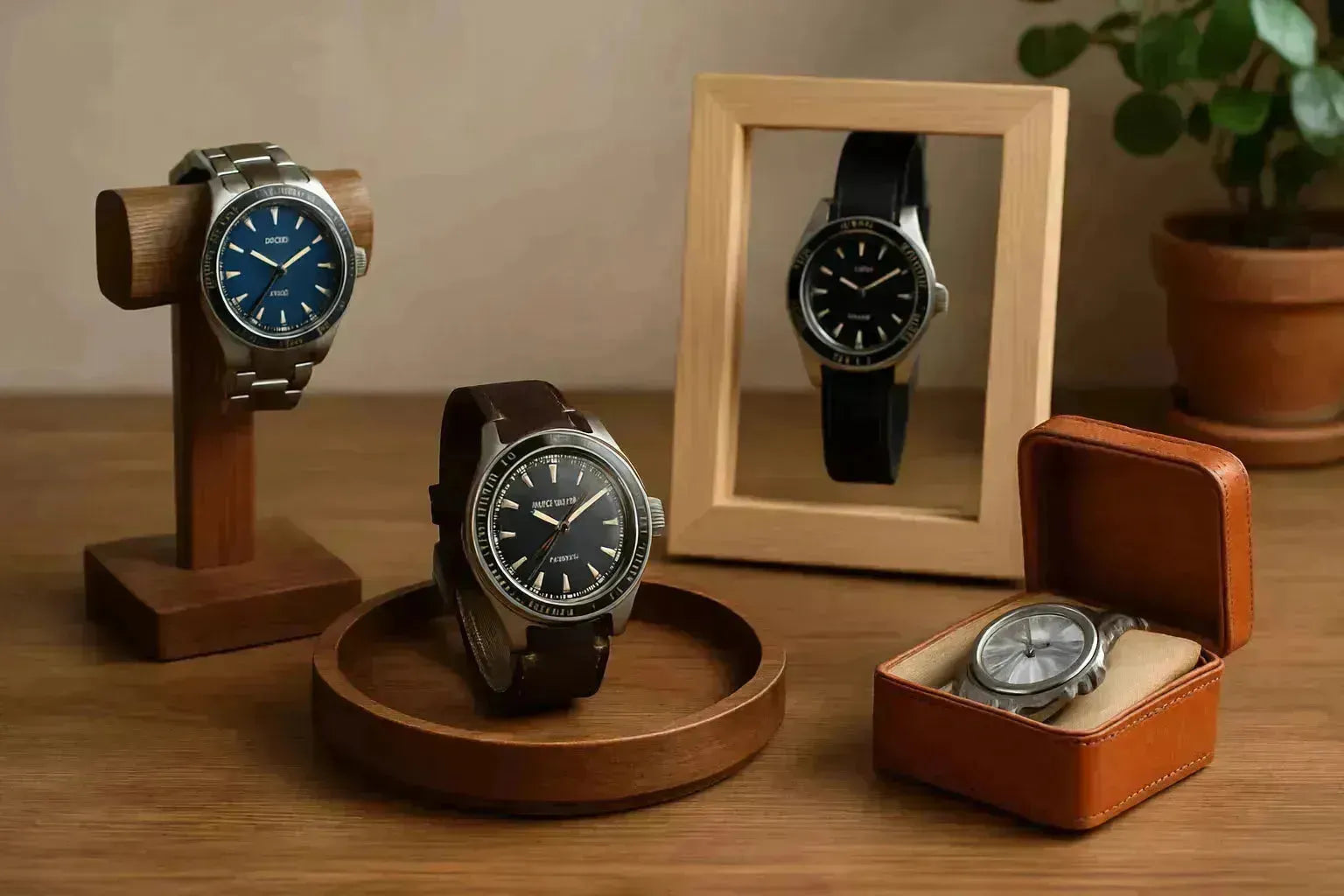 Four watches displayed on various wooden stands and an open leather travel case.