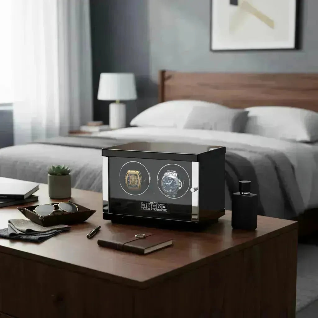 Sleek black Tempus watch winder with two luxury watches, displayed on a wooden nightstand.
